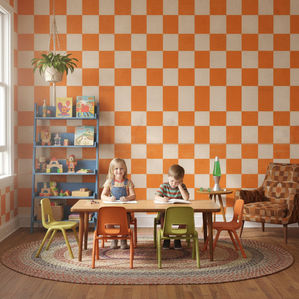 Checkered Wallpaper Orange Rustic Decorative Mural