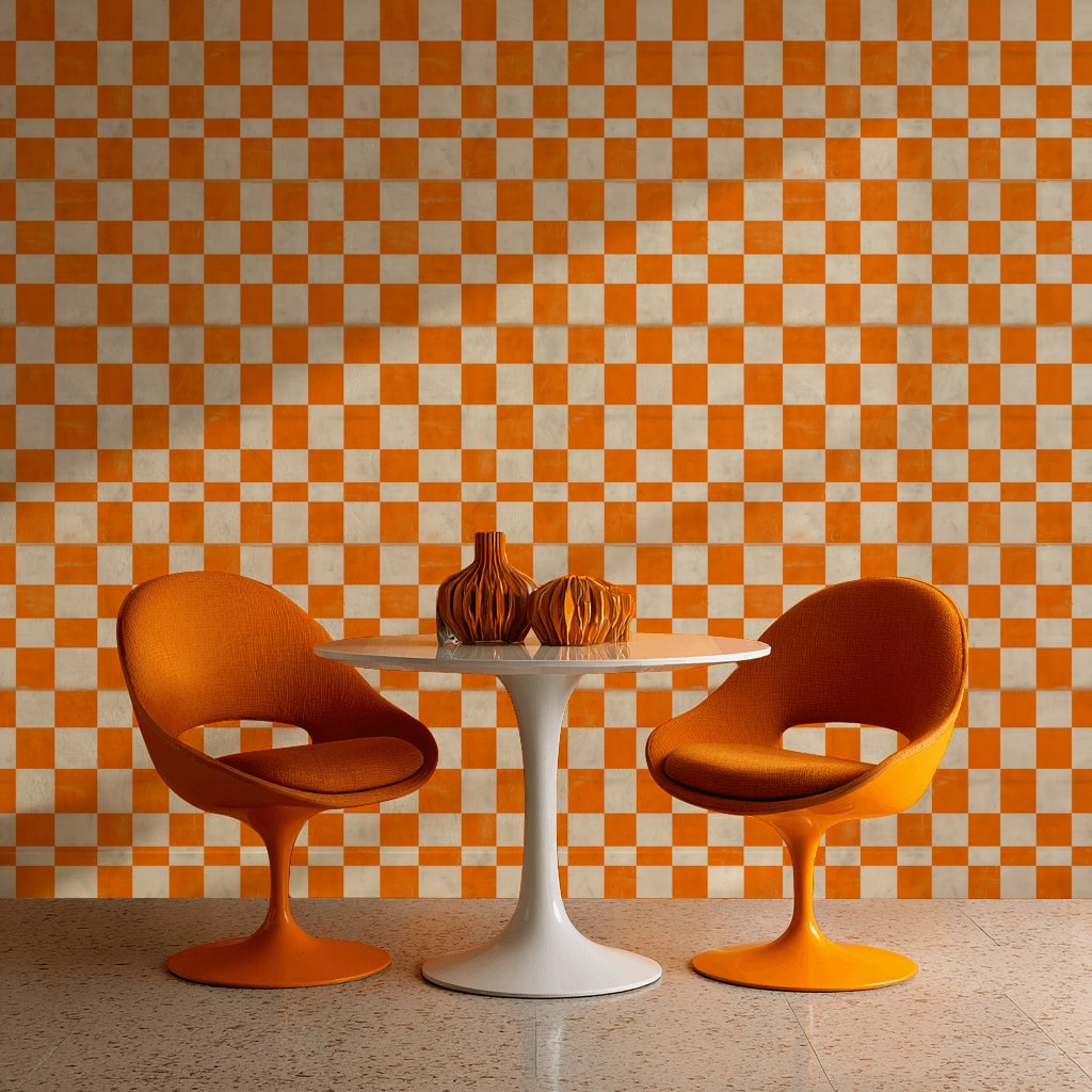 Bold Orange and Cream Checkered Geometric Wallpaper