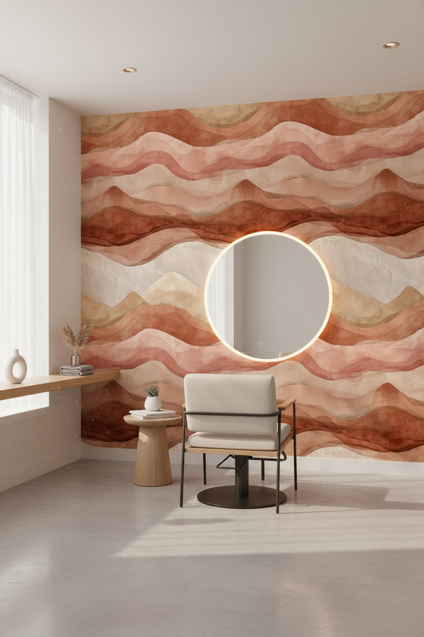 Terracotta and Beige Abstract Wave Wallpaper