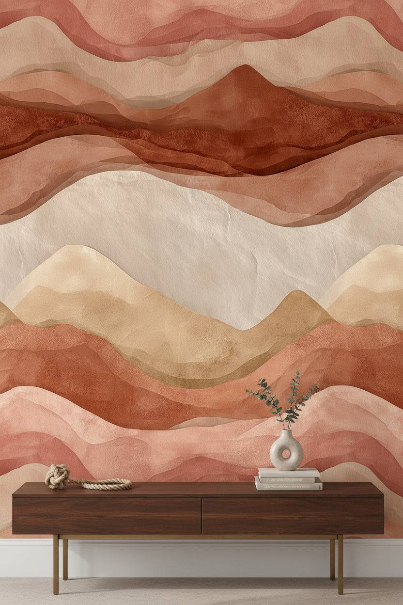 Terracotta and Beige Abstract Wave Wallpaper