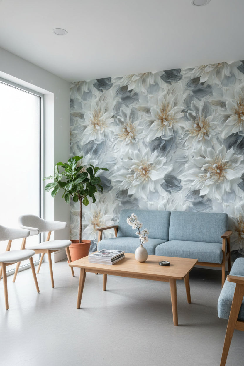 Soft Gray and White Oversized Floral Wallpaper