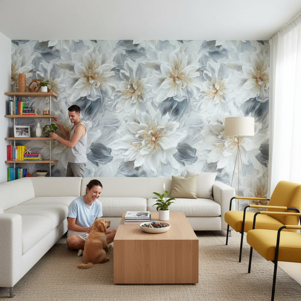 Soft Gray and White Oversized Floral Wallpaper