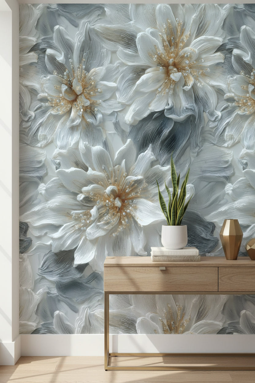 Soft Gray and White Oversized Floral Wallpaper