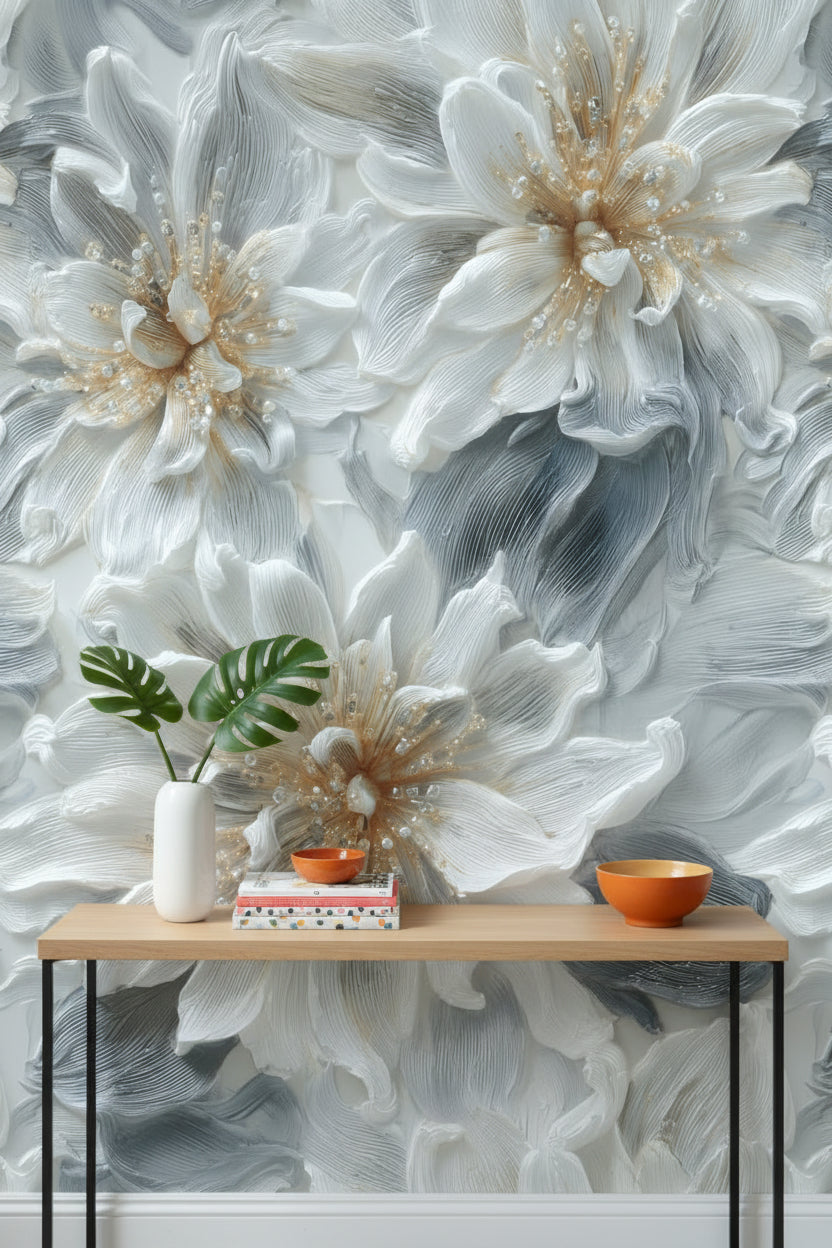 Soft Gray and White Oversized Floral Wallpaper