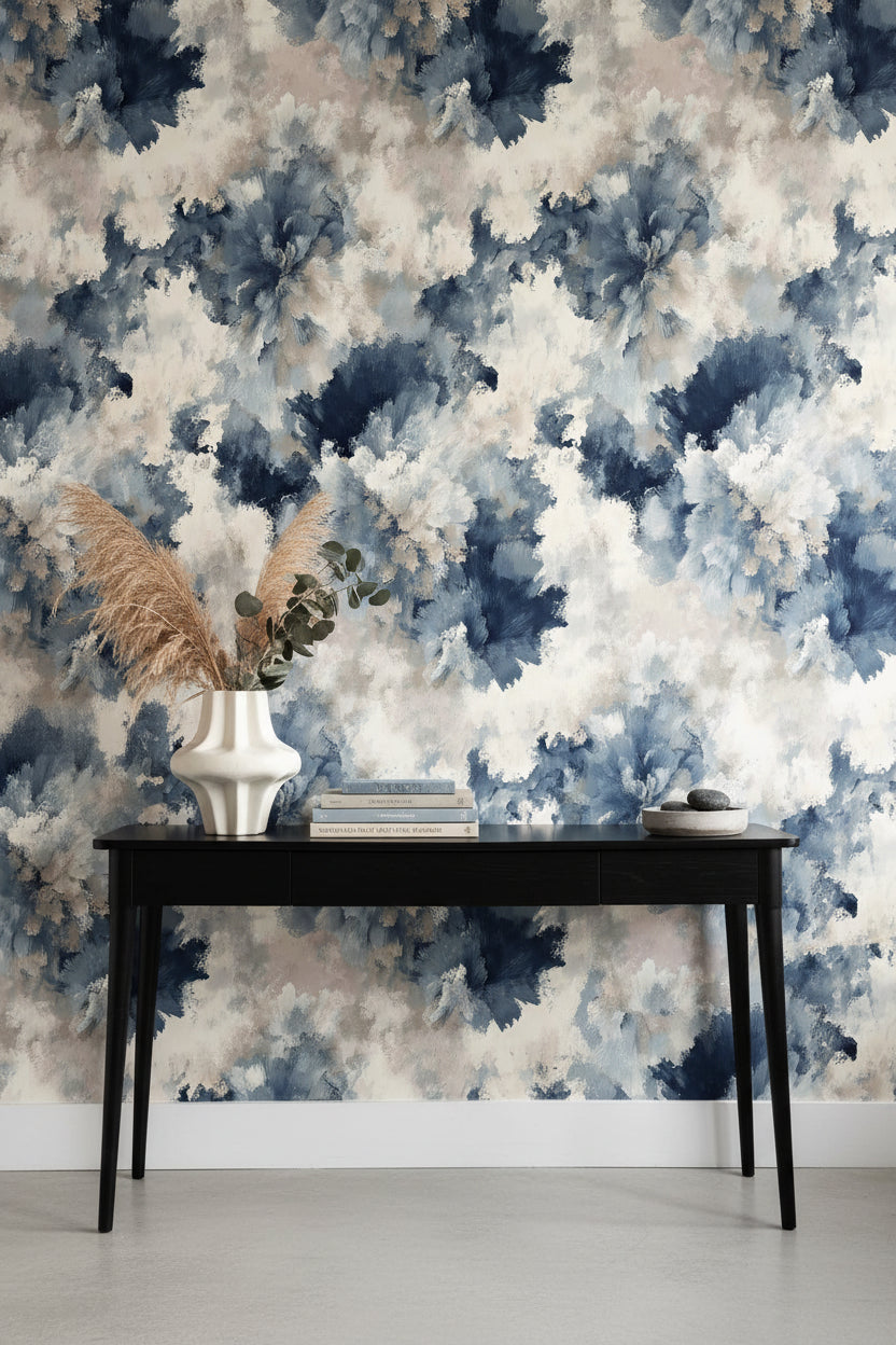 Cream and Blue Abstract Floral Wallpaper