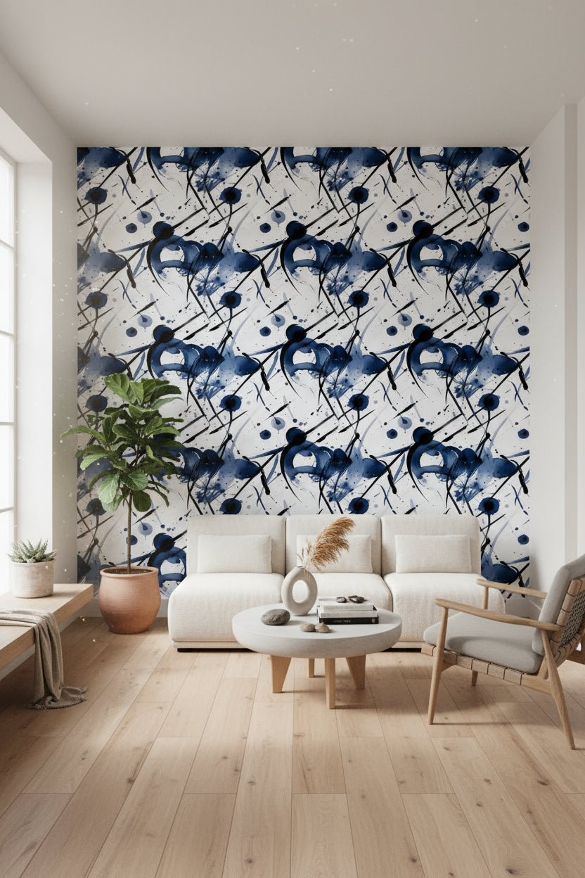 Modern Navy Blue Abstract Brushstroke Wallpaper