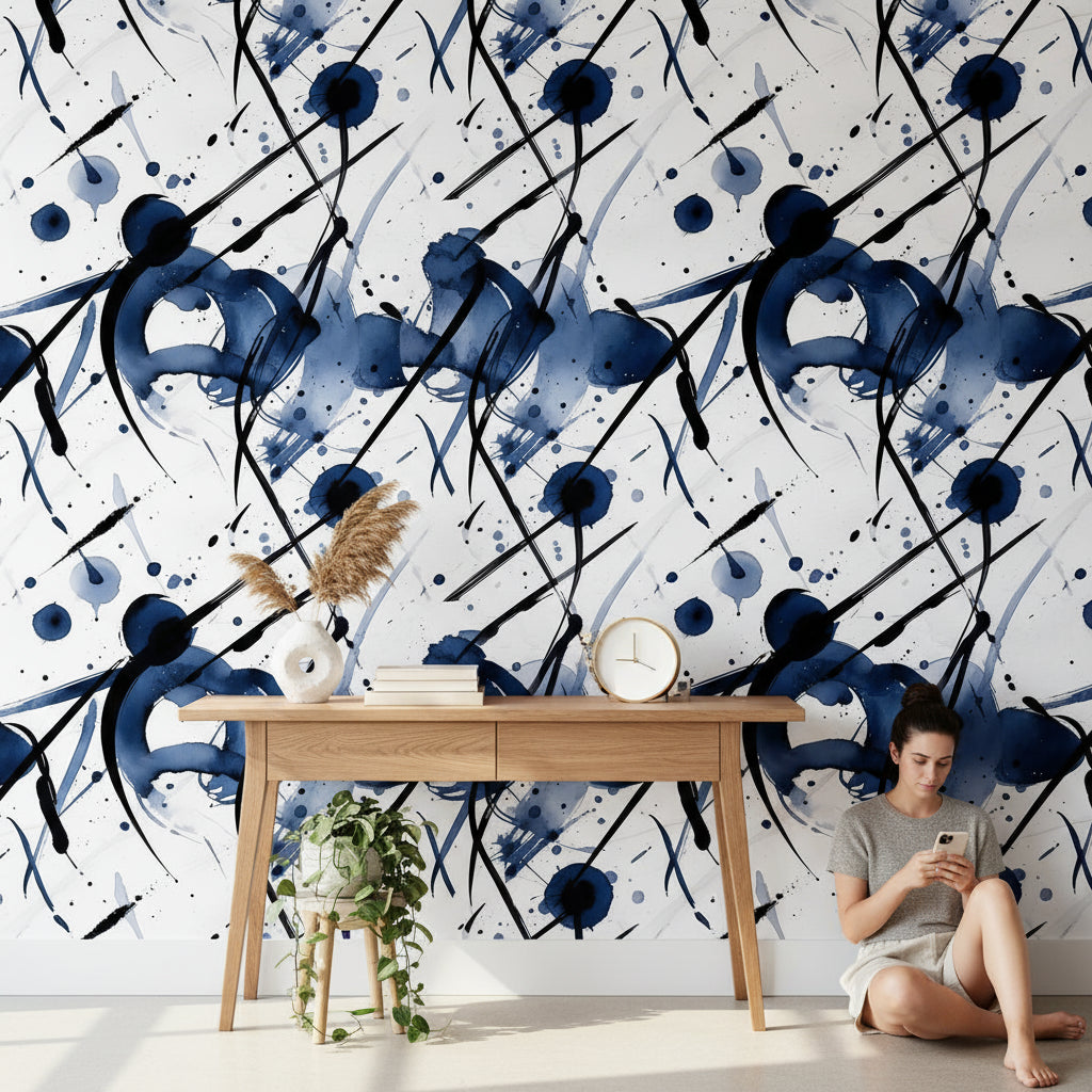 Modern Navy Blue Abstract Brushstroke Wallpaper