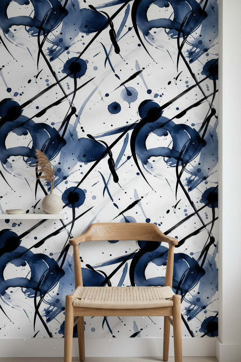 Modern Navy Blue Abstract Brushstroke Wallpaper