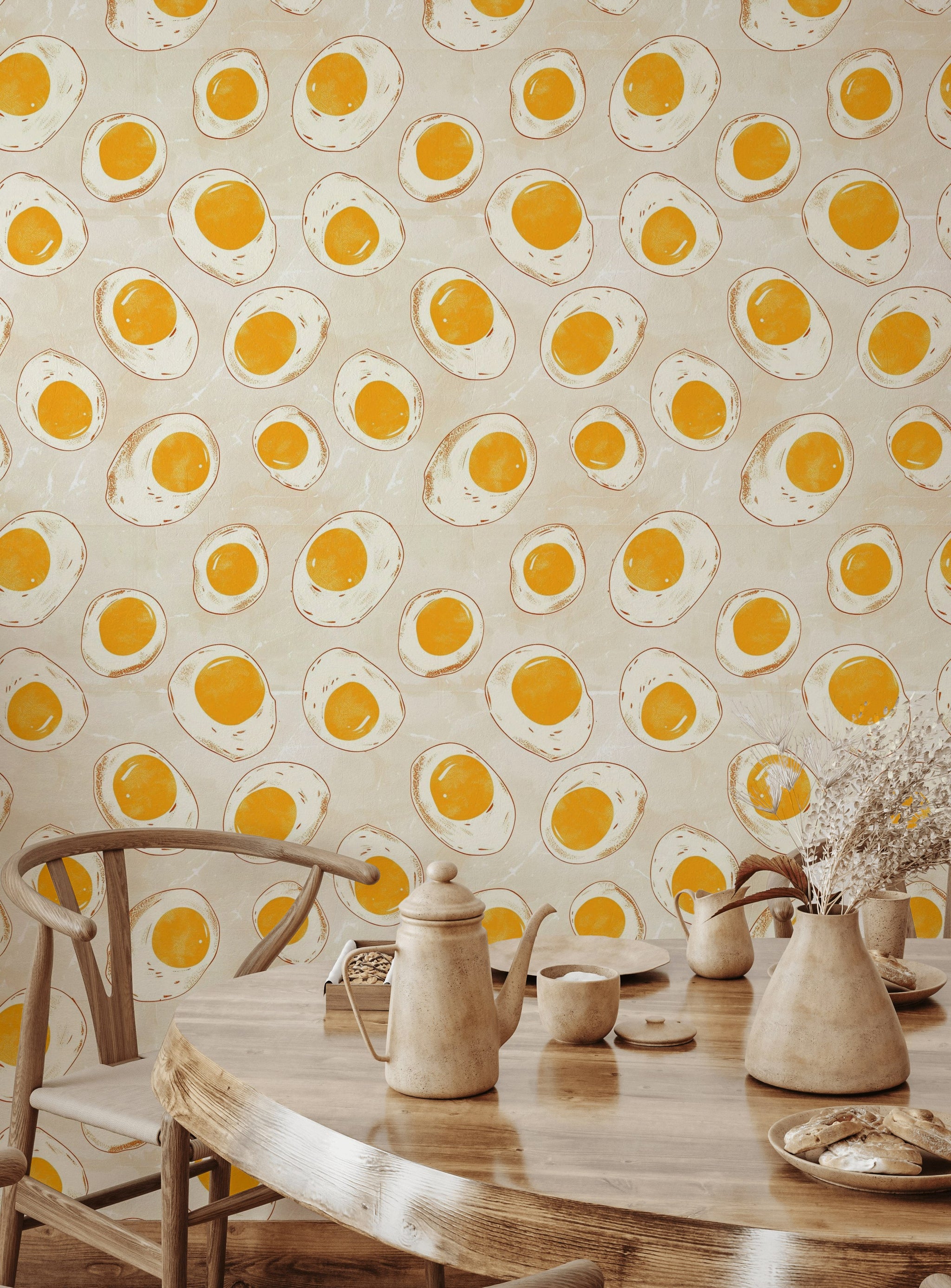Beige and Yellow Fried Egg Pattern Wallpaper