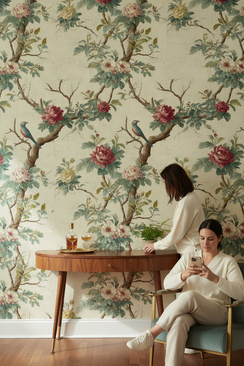 Beige Vintage Rose and Bird Botanical Wallpaper