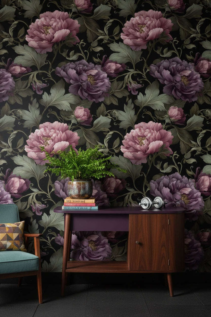Dark Plum Peony Floral Wallpaper