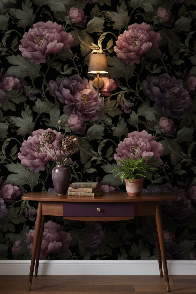 Dark Plum Peony Floral Wallpaper