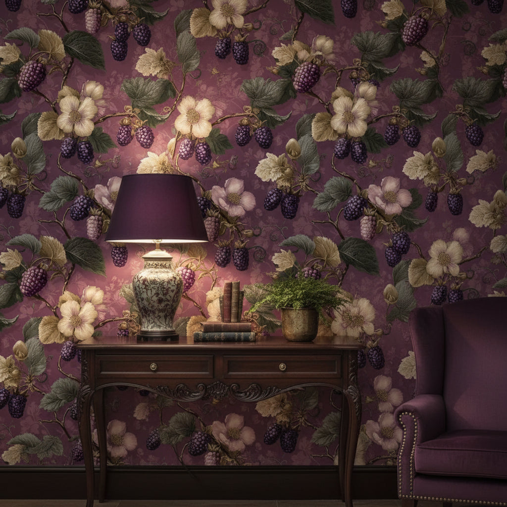 Deep Plum Vintage Floral and Foliage Wallpaper