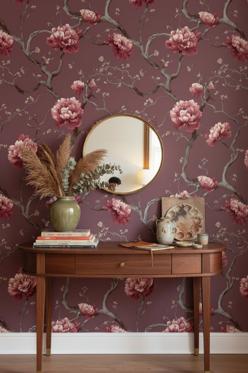 Burgundy Peony Blossom Floral Wallpaper