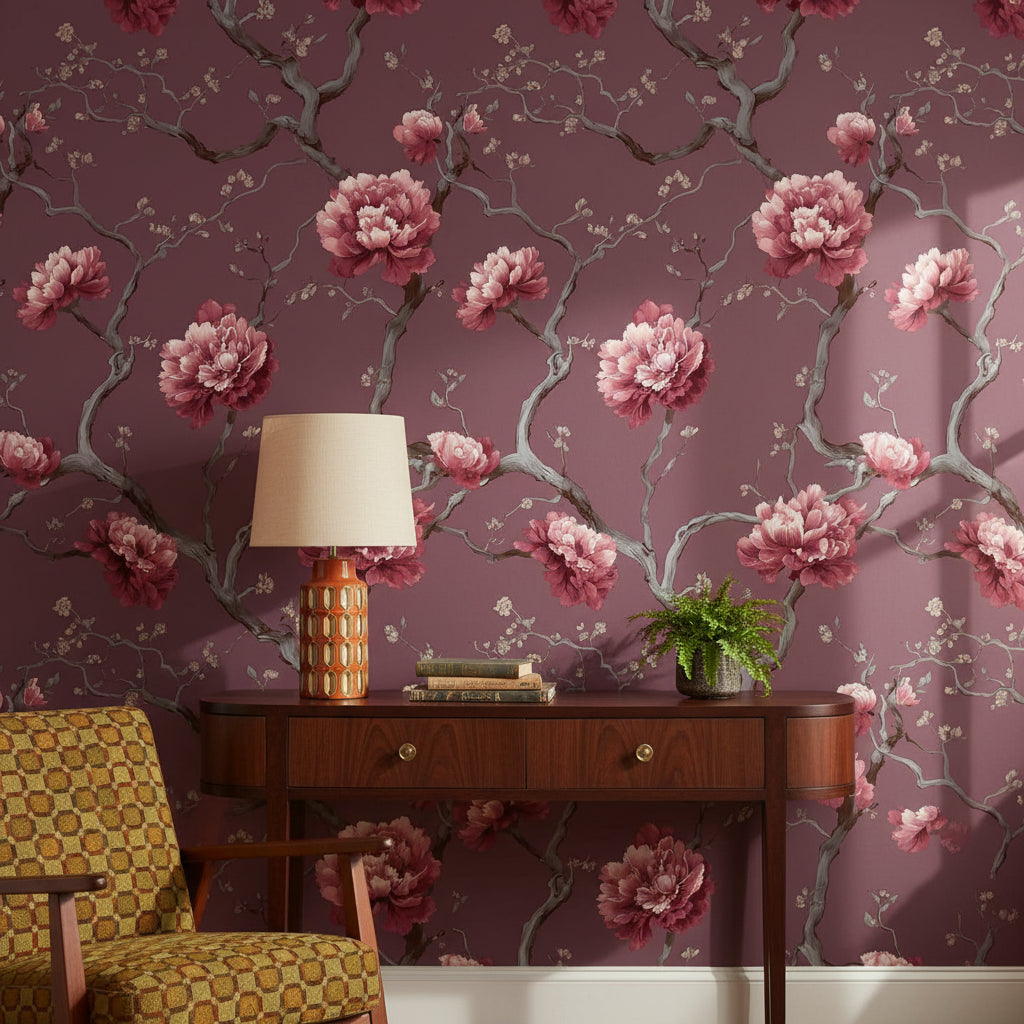 Burgundy Peony Blossom Floral Wallpaper