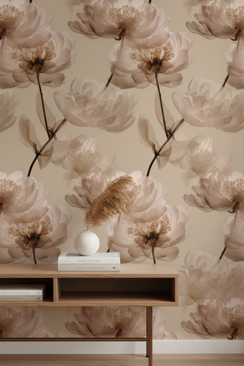 Beige Oversized Peony Floral Wallpaper