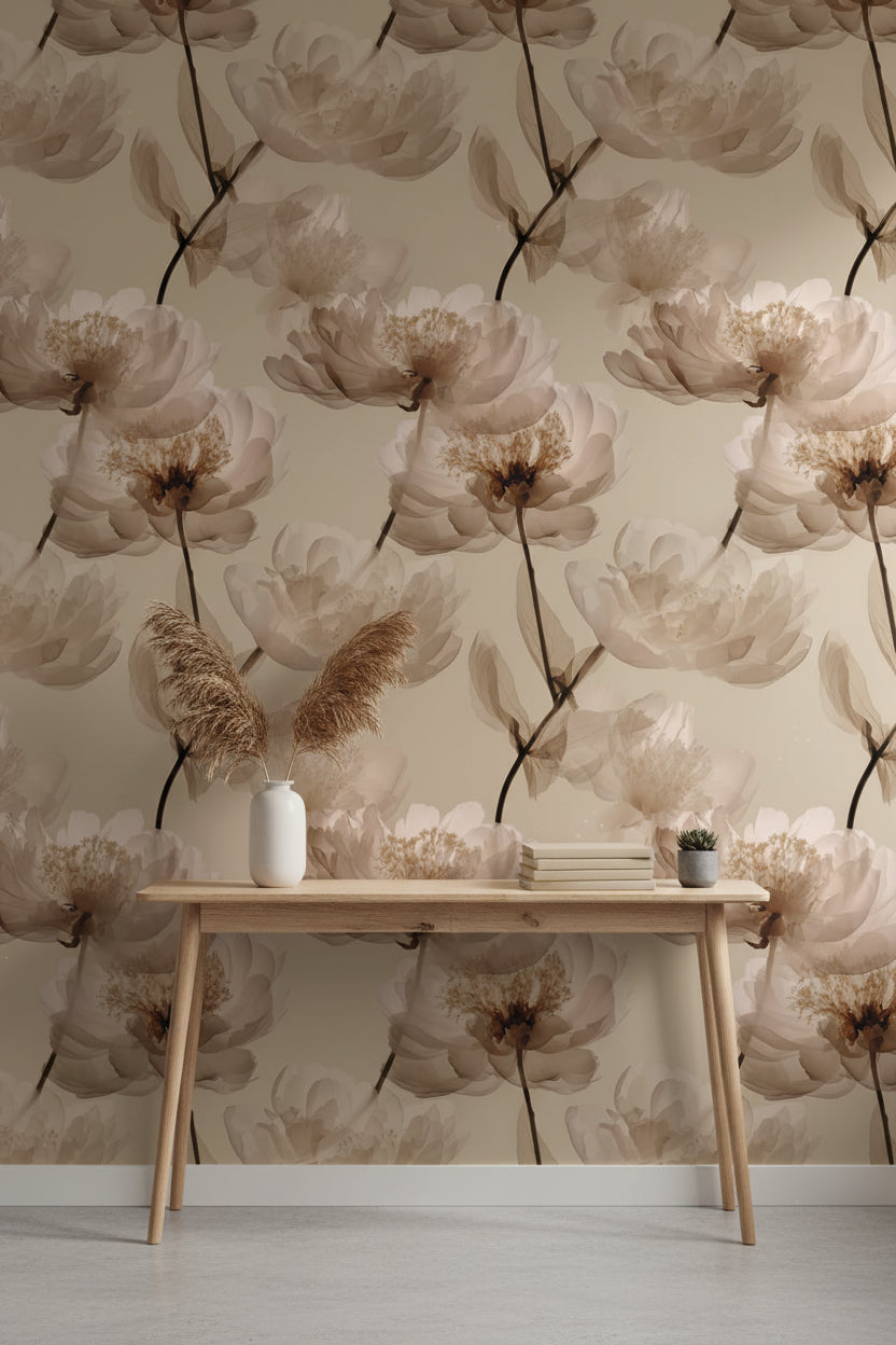 Beige Oversized Peony Floral Wallpaper
