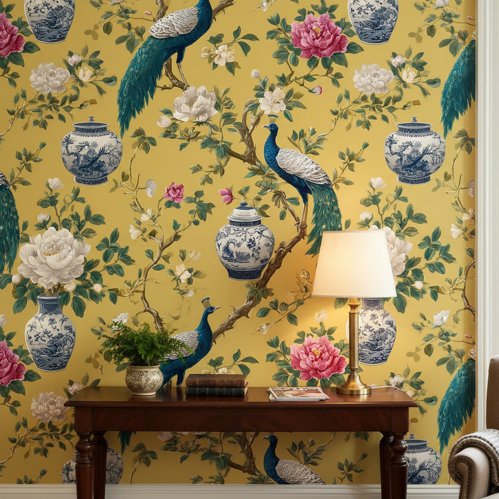 Peacock Wallpaper Floral Porcelain Wall Mural