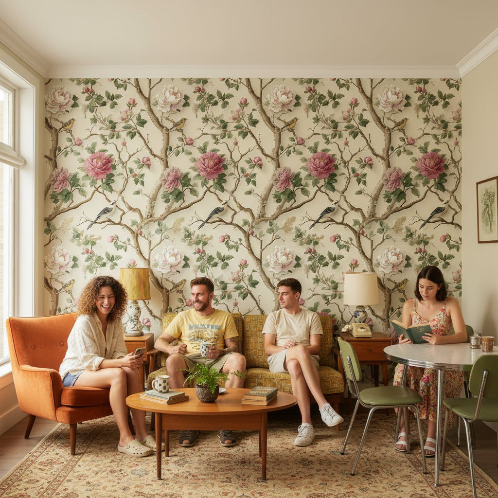 Cream Vintage Peony and Bird Wallpaper