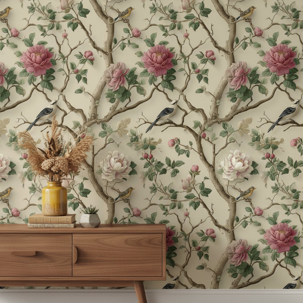 Cream Vintage Peony and Bird Wallpaper