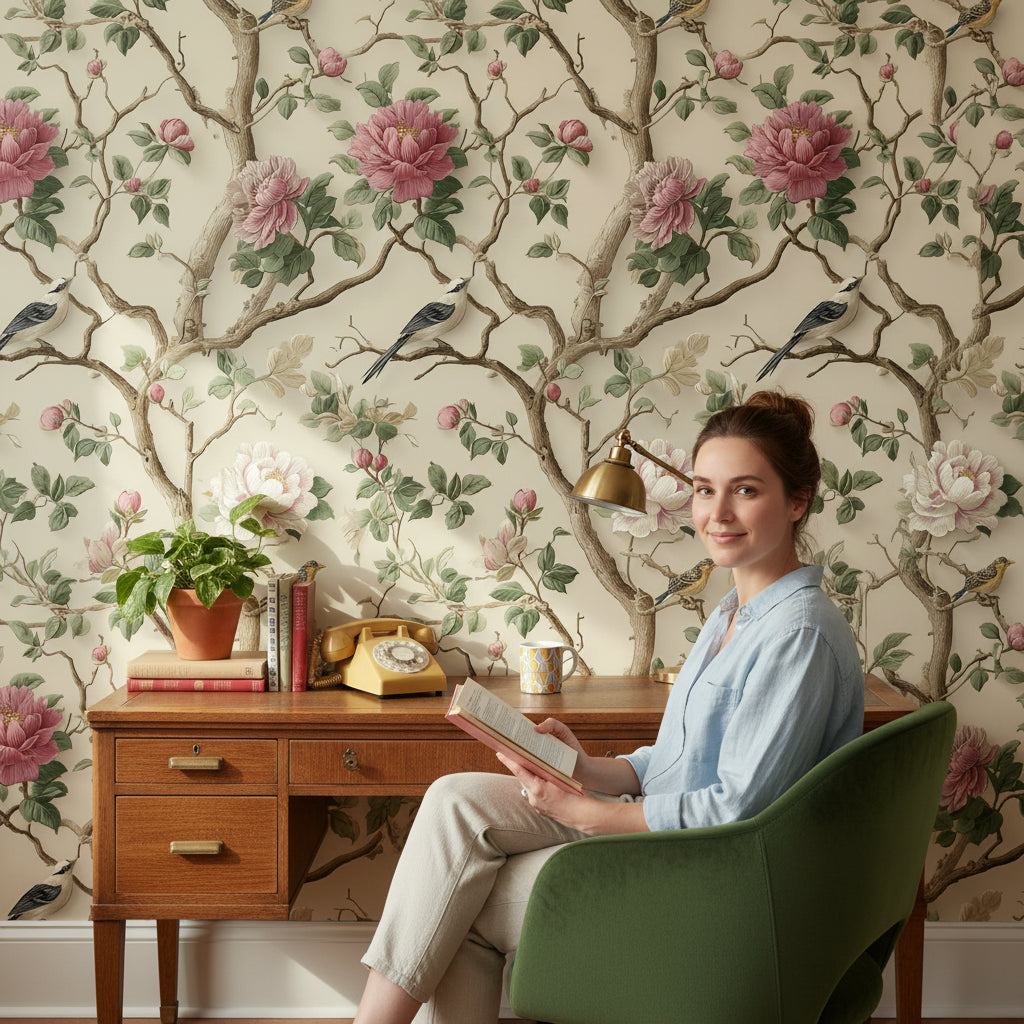 Cream Vintage Peony and Bird Wallpaper