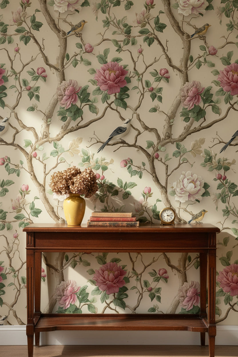 Cream Vintage Peony and Bird Wallpaper