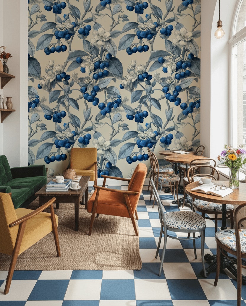 Blueberry Vine Cream Botanical Wallpaper