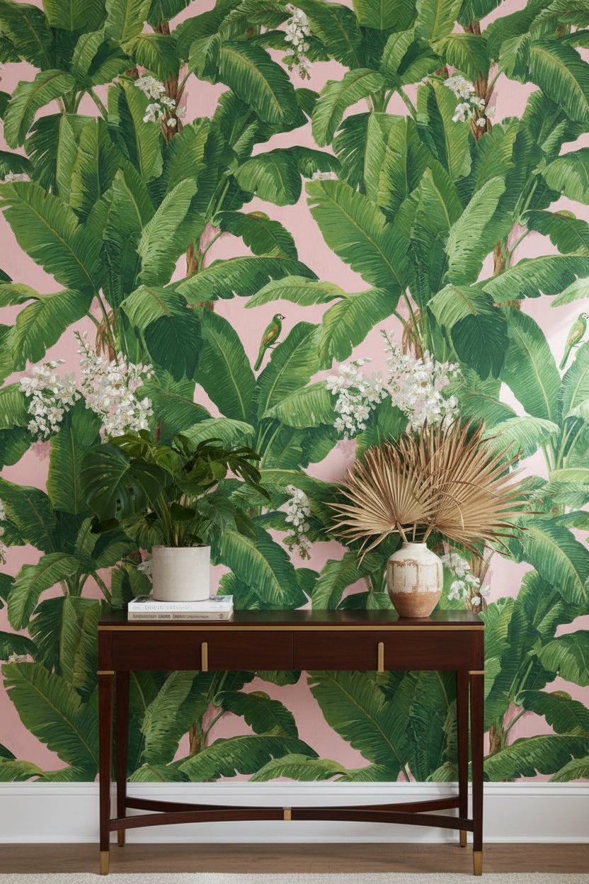 Tropical Wallpaper Banana Leaves Pink Background Removable Wall Decor