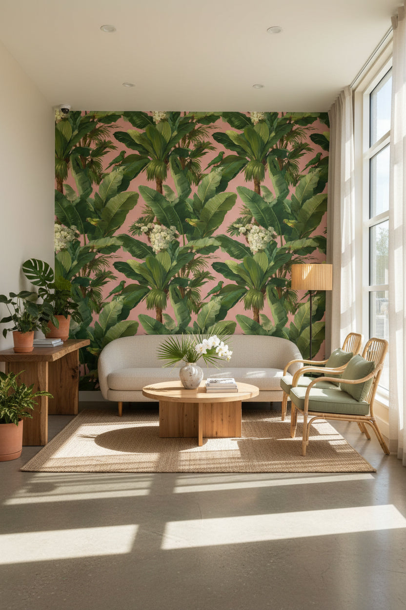 Warm Pink Tropical Palm and Parrot Wallpaper