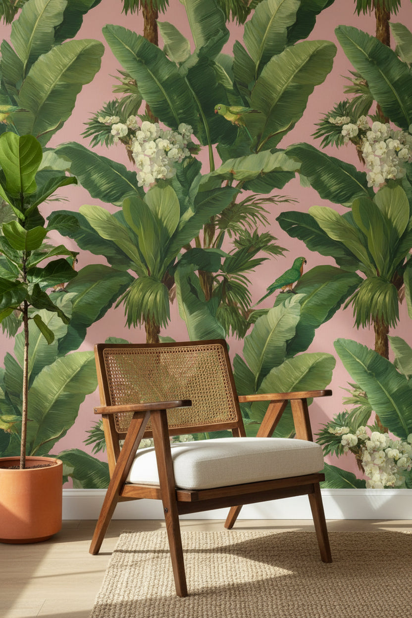 Warm Pink Tropical Palm and Parrot Wallpaper
