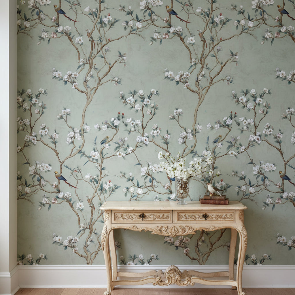 Muted Sage Green Floral Bird Wallpaper