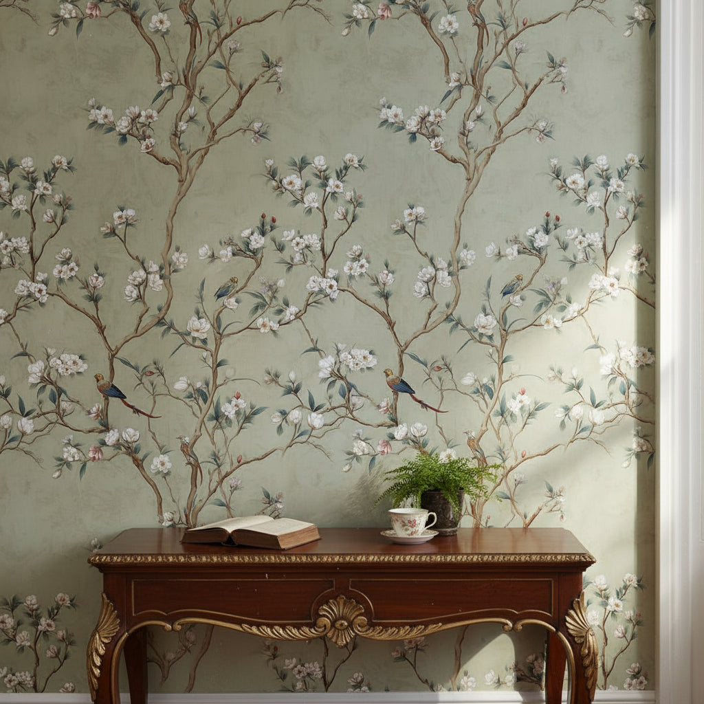 Muted Sage Green Floral Bird Wallpaper
