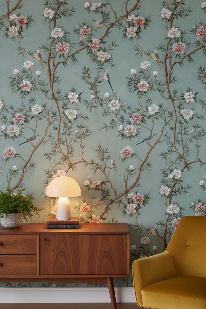 Elegant Sage Green Peony and Bird Wallpaper
