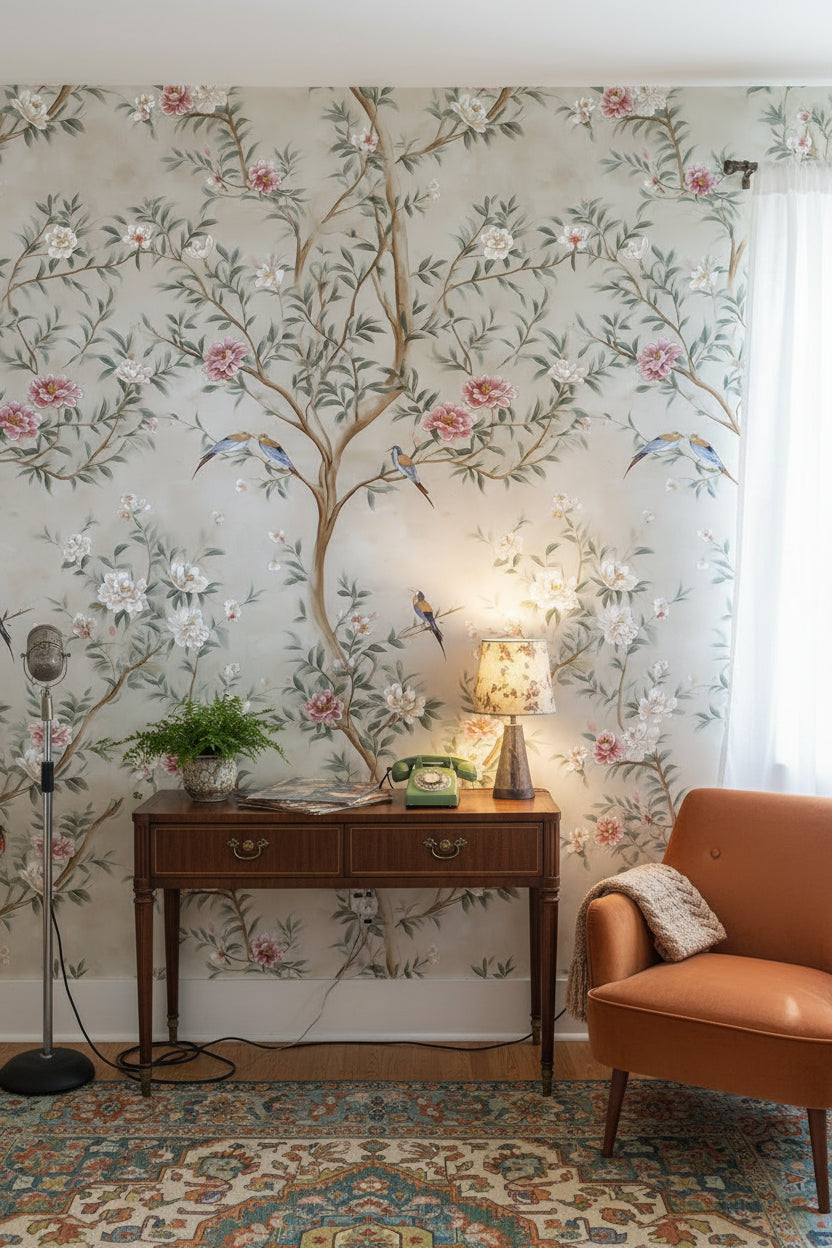 Cream Chinoiserie Bird and Floral Wallpaper