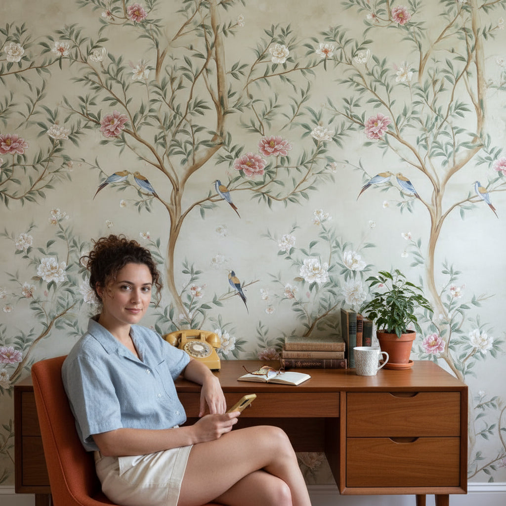 Cream Chinoiserie Bird and Floral Wallpaper