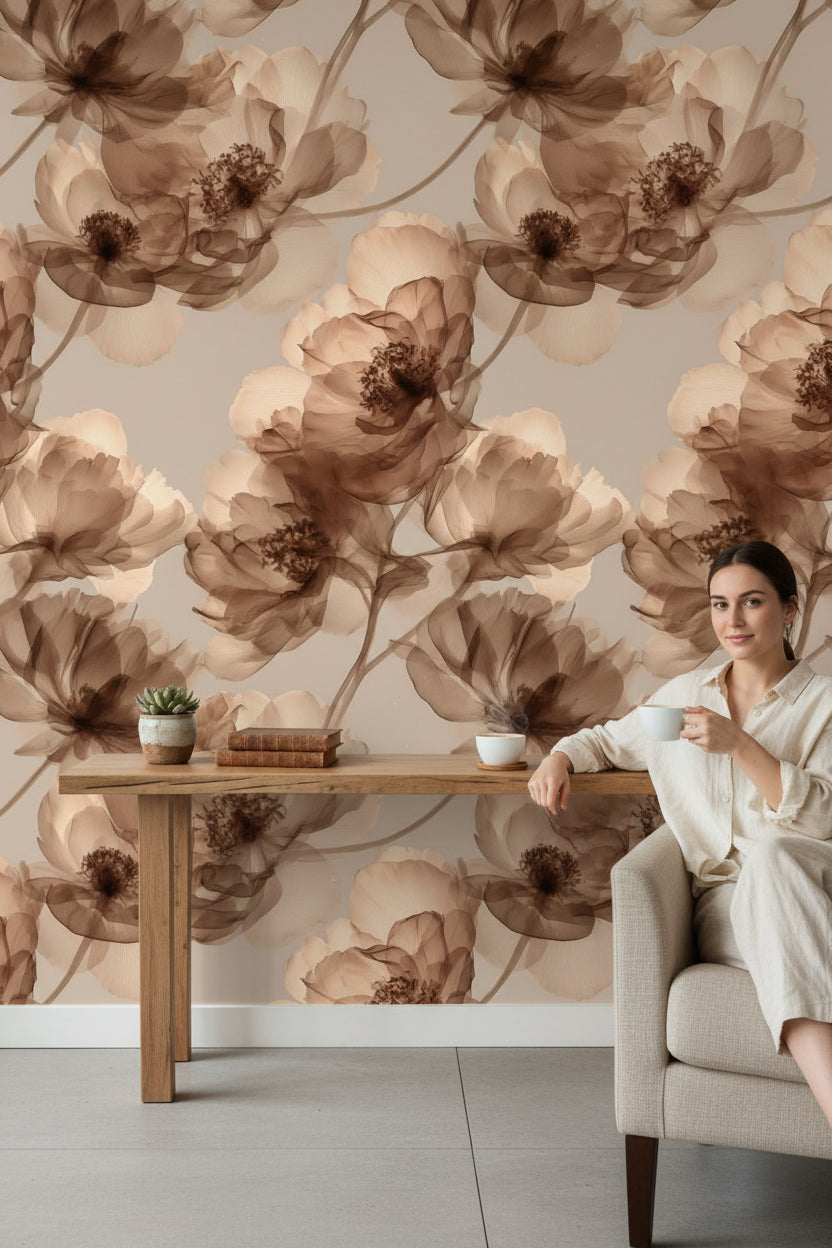 Warm Beige and Brown Floral Wallpaper