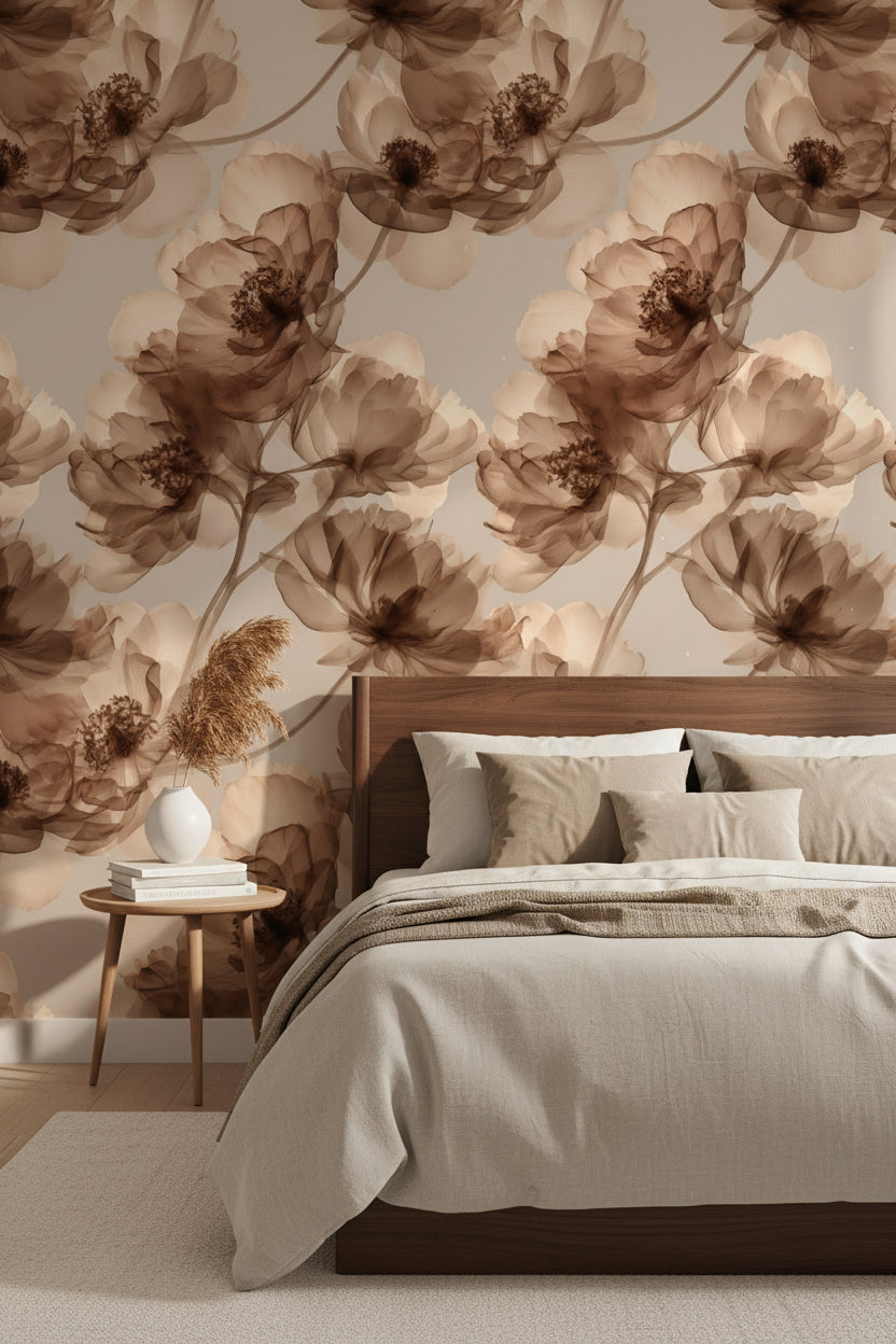 Warm Beige and Brown Floral Wallpaper