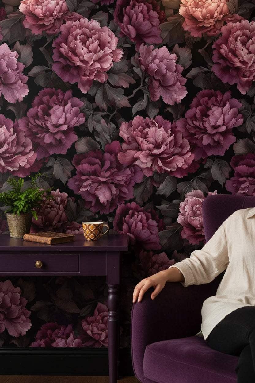 Deep Burgundy Peony Floral Wallpaper