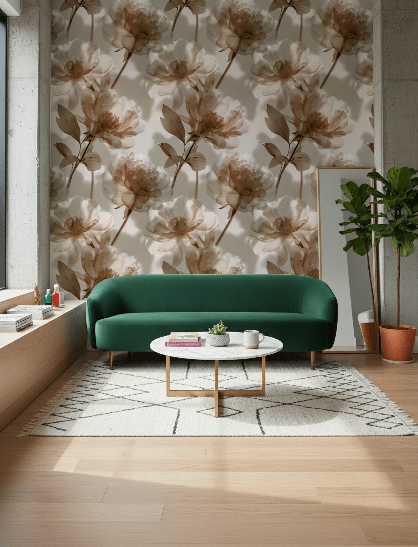 Warm Beige Large Floral Peony Wallpaper