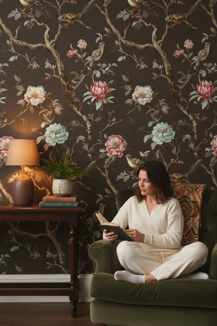 Moody Black Floral and Bird Chinoiserie Wallpaper