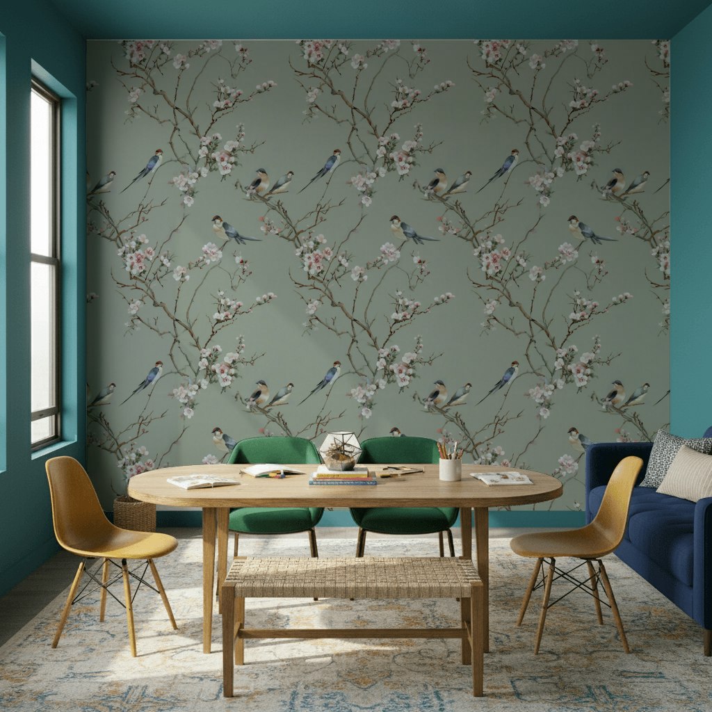 Sage Green Cherry Blossom Bird Wallpaper