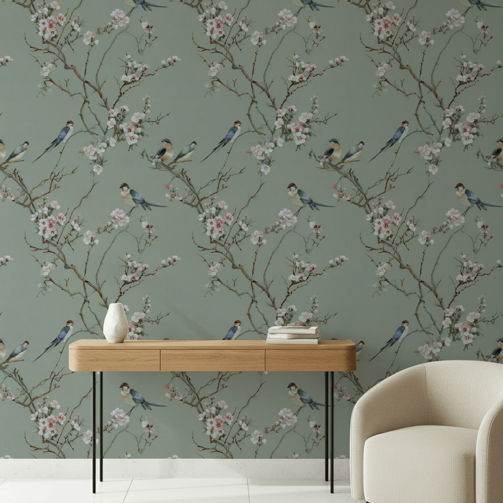 Sage Green Cherry Blossom Bird Wallpaper