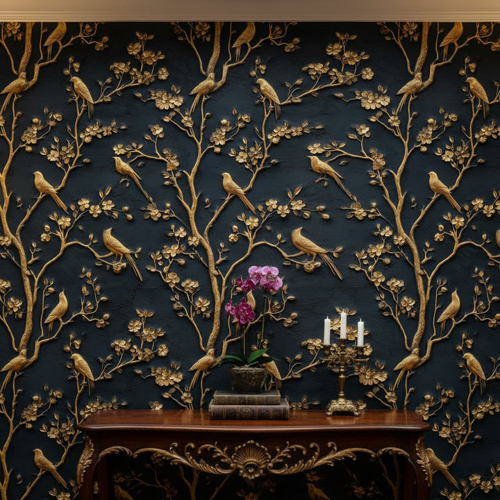 Black and Gold Look Bird and Cherry Blossom Wallpaper