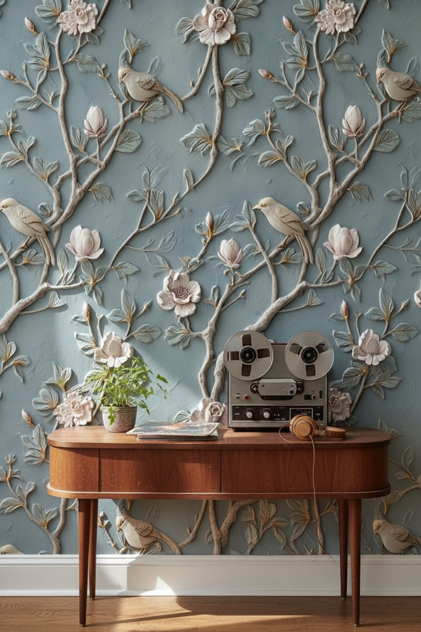 Serene Blue Magnolia and Bird Wallpaper
