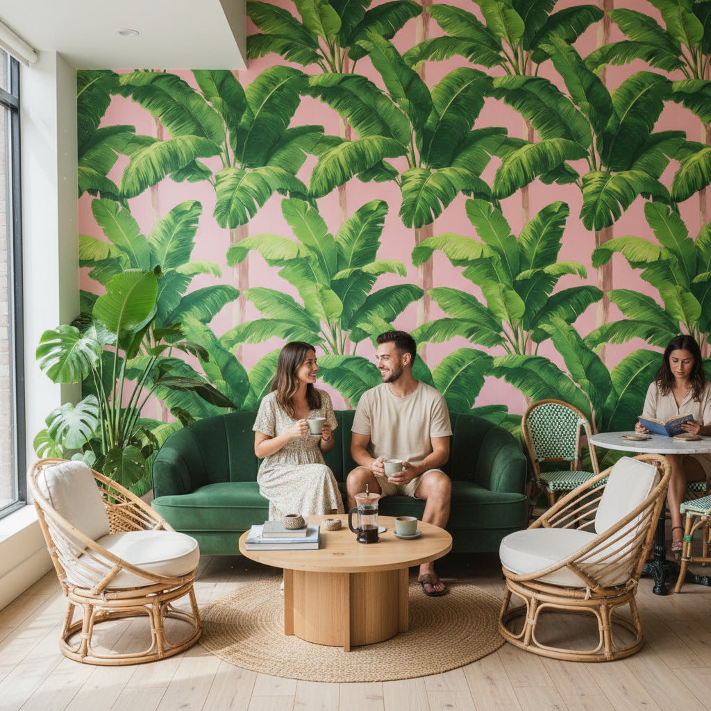 Soft Pink Tropical Palm Leaf Wallpaper