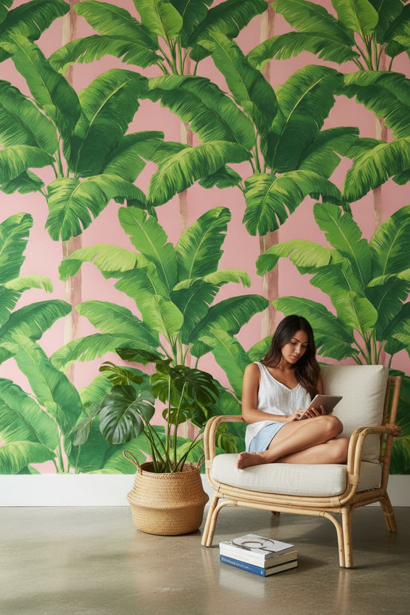 Soft Pink Tropical Palm Leaf Wallpaper
