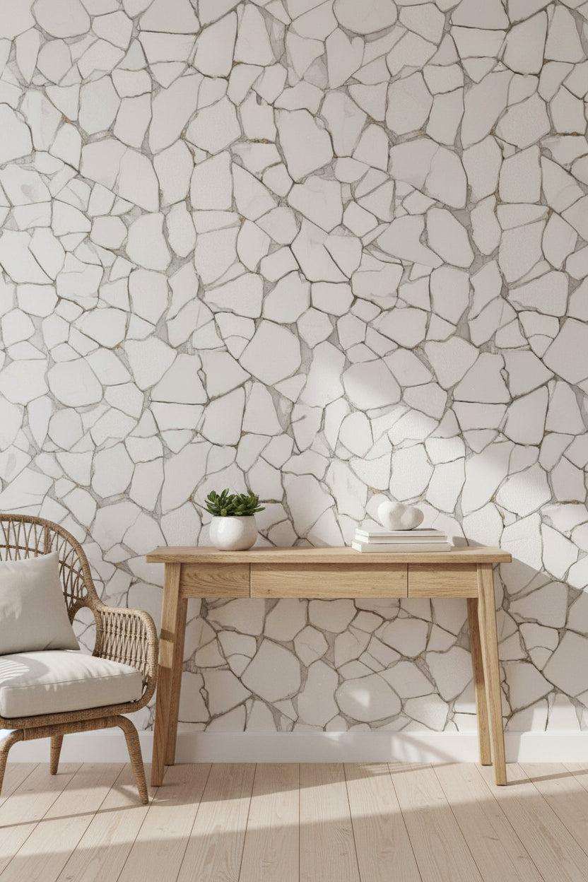 White and Gray Stonelike Pattern Wallpaper