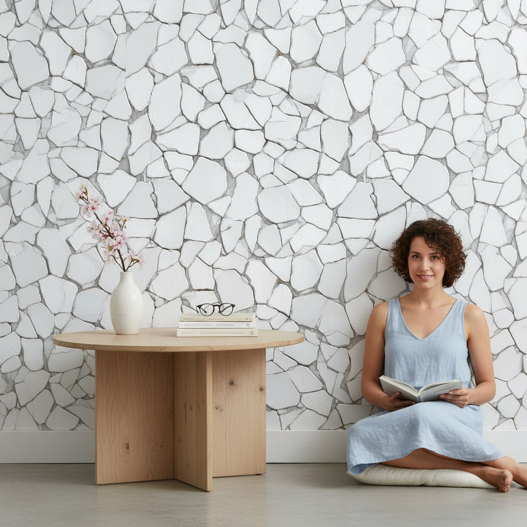 White and Gray Stonelike Pattern Wallpaper
