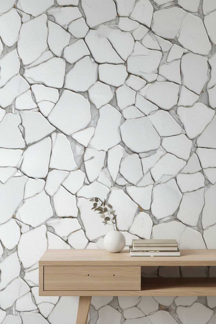 White and Gray Stonelike Pattern Wallpaper