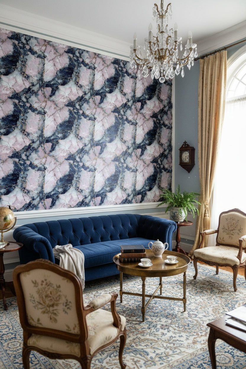 Navy Blue and Blush Pink Marble Wallpaper